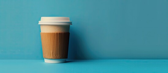 Sticker - Present a disposable coffee cup against a blue backdrop with an available area for text or graphics. . Copy space image. Place for adding text and design