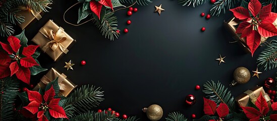 Wall Mural - Festive Christmas card features a Xmas tree, red poinsettia flowers, gold gift boxes on a black background with copy space image.