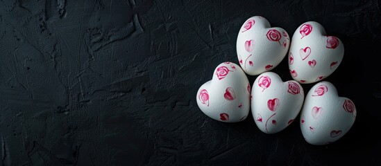 Wall Mural - valentine's day concept: heart-shaped and rose-patterned eggs in white paper with a black background