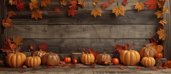 Wall Mural - A cozy fall-themed display featuring pumpkins, golden leaves, and a wooden backdrop, perfect for Thanksgiving or Halloween, with room for text or images. Copy space image