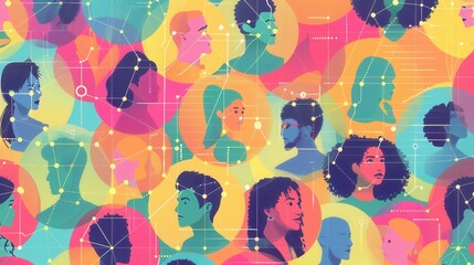 Aufkleber - Colorful abstract art with diverse profiles connected by lines and dots symbolizes the interconnected world of social media and influencer marketing. Generative AI