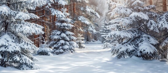 Wall Mural - Expensive snowy forest scene with snow-covered trees and copy space image.