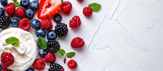 Wall Mural - Healthy background with fresh berries fruits atop Greek yogurt, featuring copy space image.