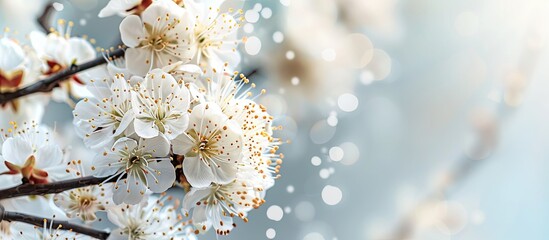 Poster - Apricot tree branch with white flowers creating a spring-themed copy space image.