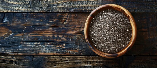 Close-up image of organic chia seeds in a bowl on a wooden surface with copy space image.