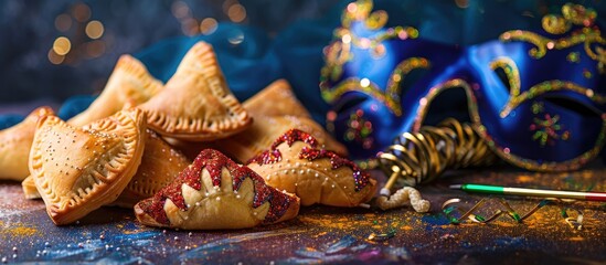 A festive Purim setting with hamantaschen cookies, a masquerade mask, and a noisemaker against a backdrop perfect for adding text or graphics - copy space image.