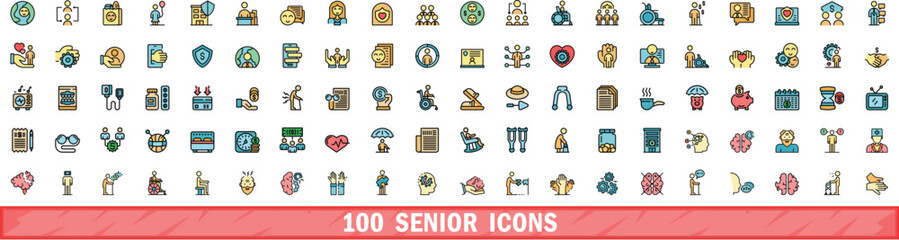 Sticker - 100 senior icons set. Color line set of senior vector icons thin line color flat on white