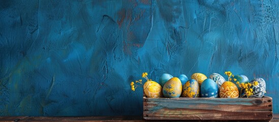 Poster - Easter eggs of blue, yellow, and gold in a wooden box on a blue wall, creating a spring-themed copy space image.