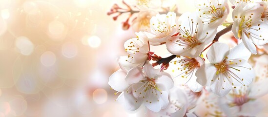 Poster - Apricot tree branch with white flowers creating a spring-themed copy space image.