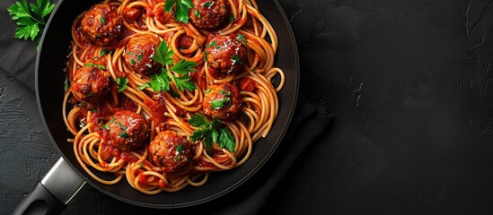 Poster - Top view of a frying pan with spaghetti and meatballs in tomato sauce, garnished with parsley, on a dark background, creating a banner with copy space image.