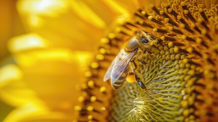 A close-up of a sunflower with a bee collecting pollen