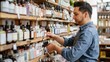© evgenia_lo - A Caucasian man in a denim shirt selecting products from shelves filled with various bottled goods in a cosmetics shop. a perfume boutique employee arranging a display of artisanal scents