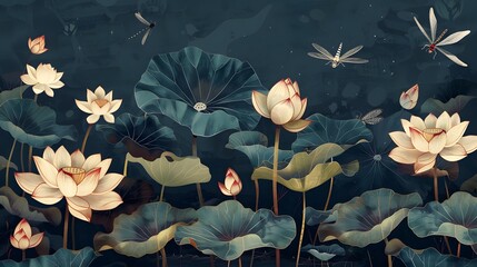 Wall Mural - Illustration with lotus flowers and dragonflies
