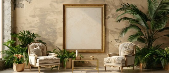 Canvas Print - Elegant home decor with retro living room featuring stylish vintage furniture, plants, and a gold mock-up poster frame on a beige wall, creating a sophisticated look with copy space image.