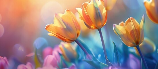 Wall Mural - Yellow-bluish tulip flowers and petals on a floral backdrop with a close-up of tulip petals in nature.