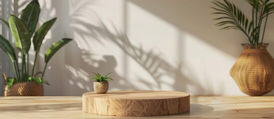 Wall Mural - Wooden podium placed on a table within the interior of a living room with available space