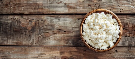 Canvas Print - Top-down view of appetizing cottage cheese on a wooden surface, providing ample space for text alongside the image.