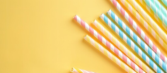 Colorful pastel retro straws beautifully arranged on a yellow background for a party concept with copy space image, suitable for indoor or outdoor events.