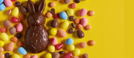 Sticker - Close-up of a chocolate Easter bunny surrounded by multicolored candies on a yellow background, with copy space image.