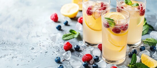 Canvas Print - Table with refreshing glasses of natural lemonade adorned with berries, providing a vibrant and aesthetically pleasing copy space image.