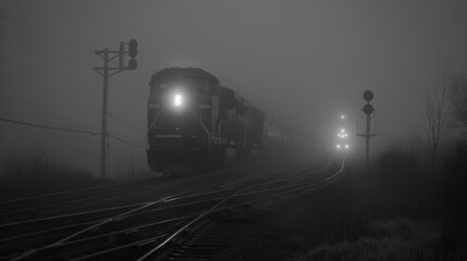 Wall Mural - Darkness and fog shroud the train as it barrels down the tracks.