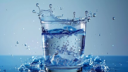 A blue drop of water splashes in a glass.