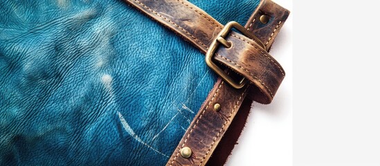 Canvas Print - Abstract vintage natural leather background featuring a genuine blue suede piece with a belt on a white background, perfect for copy space image.