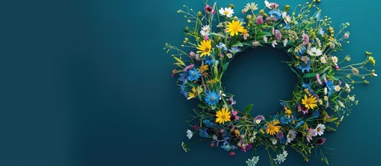 Poster - A top-down view of a wreath made of wildflowers in a summer-themed frame, providing space for a copy image.