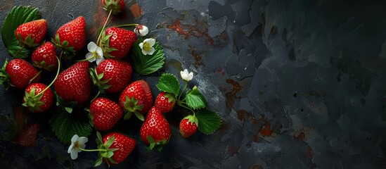 Sticker - Juicy red strawberries with foliage and blooms set against a dark backdrop, ideal for a refreshing and nutritious summertime snack, depicted in a copy space image.