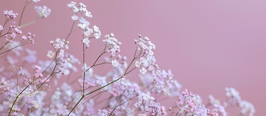 Poster - Copy space image featuring a charming arrangement of dainty lilac gypsophila flowers, creating a delicate floral backdrop.