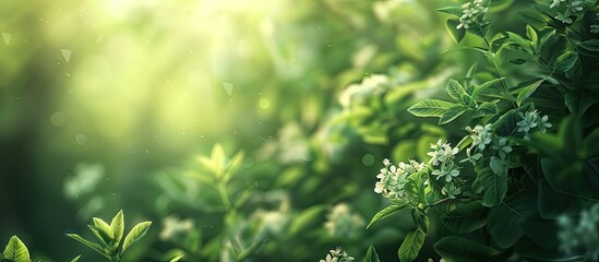 Lush green foliage and flowers in a grove create a blurred background in the copy space image.