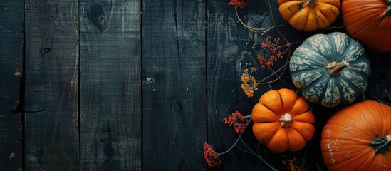 Poster - Dark wooden table adorned with autumn pumpkins against a dark background, featuring copy space image.
