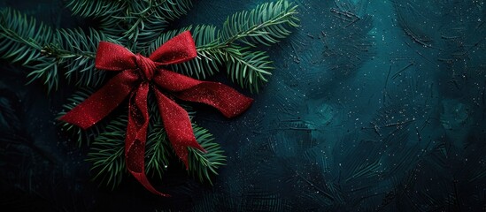 Canvas Print - A red ribbon bow adorns a dark green pine tree branch, with glitter, as a classic holiday ornament in a copy space image.