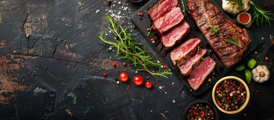 Wall Mural - Freshly cooked meat tongue makes a healthy and appetizing meal or snack on a rustic table background, in a top-view copy space image.