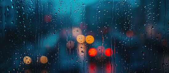 Canvas Print - Raindrops on window glass with a hashtag, set against the urban backdrop, creating a striking copy space image.