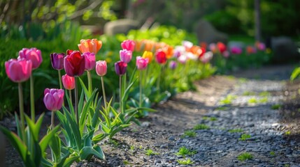 Poster - A row of tulips in a variety of colors along a garden path