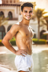 Wall Mural - A man with a muscular body is posing for a picture in front of a building, athletic fit people