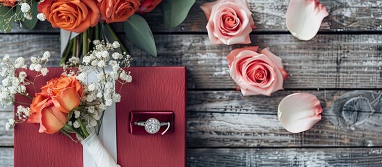Sticker - Red box with a diamond ring, a wedding bouquet of pink and orange roses, a white book on a wooden surface, and space for text next to them - copy space image.