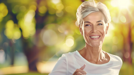 Wall Mural - A woman is smiling and running in a park, outdoor jogging