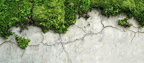 Canvas Print - Green moss thriving on a cracked surface against a white cement floor in a natural environment, with copy space image for environmental conservation.