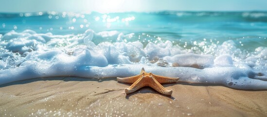 Wall Mural - Beautiful tropical beach scene with a starfish, white foam on sand, blue ocean waves, and a copy space image for a relaxing vacation background.
