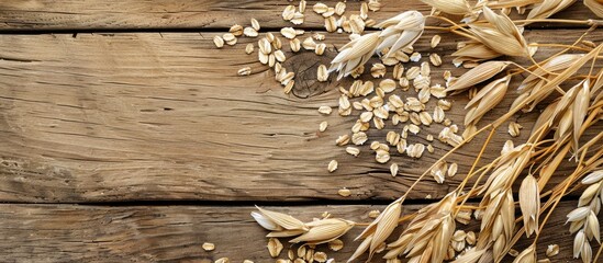 Canvas Print - Fresh oat ears arranged on a wooden table with a bountiful harvest of healthy, dry oatmeal, ideal for a copy space image.