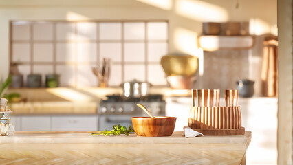 Kitchen background top counter interior wood blur home wooden empty room light white. Top kitchen product background desk modern window food display design texture tabletop restaurant board wall space