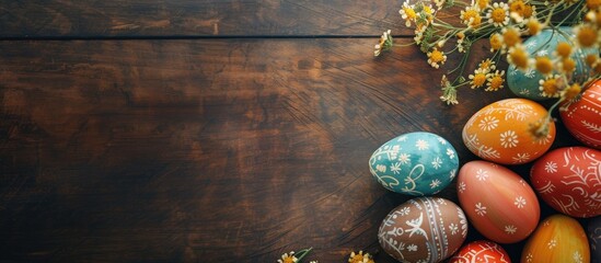 Sticker - Top-down view of Easter eggs on a table with copy space image for text insertion.