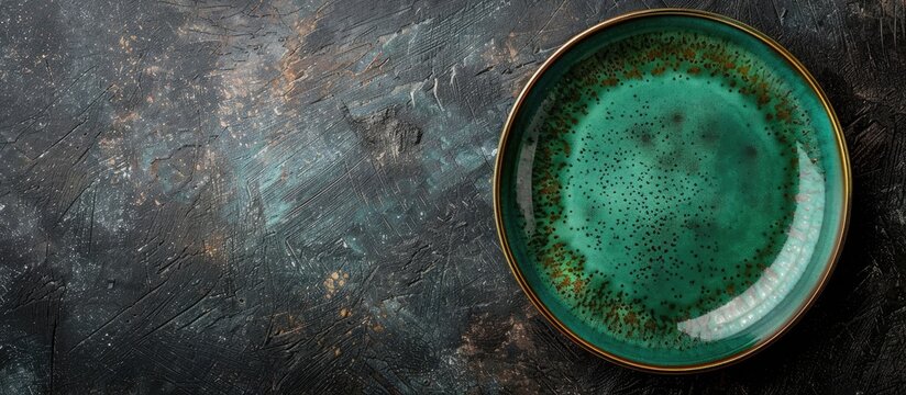Dark textured table surface featuring an empty vintage green plate viewed from above, with ample copy space image for menu, recipe, or food flat lay.