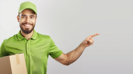 Wall Mural - A man in a green shirt is pointing to a box, delivery service courier