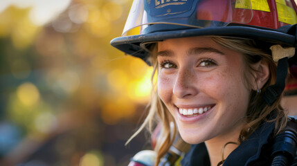 Canvas Print - A woman wearing a fireman's helmet and smiling, fire service officer or firefighter