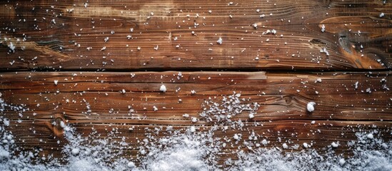 Poster - Snow blankets an aged wooden board, creating a Christmas winter backdrop with ample copy space image.