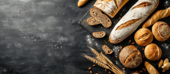 Poster - Freshly baked bread, baguette, and buns displayed on a black chalkboard background with copy space image for adding recipes and text.