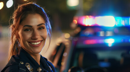 Wall Mural - A woman is smiling and standing in front of a police car, policewoman